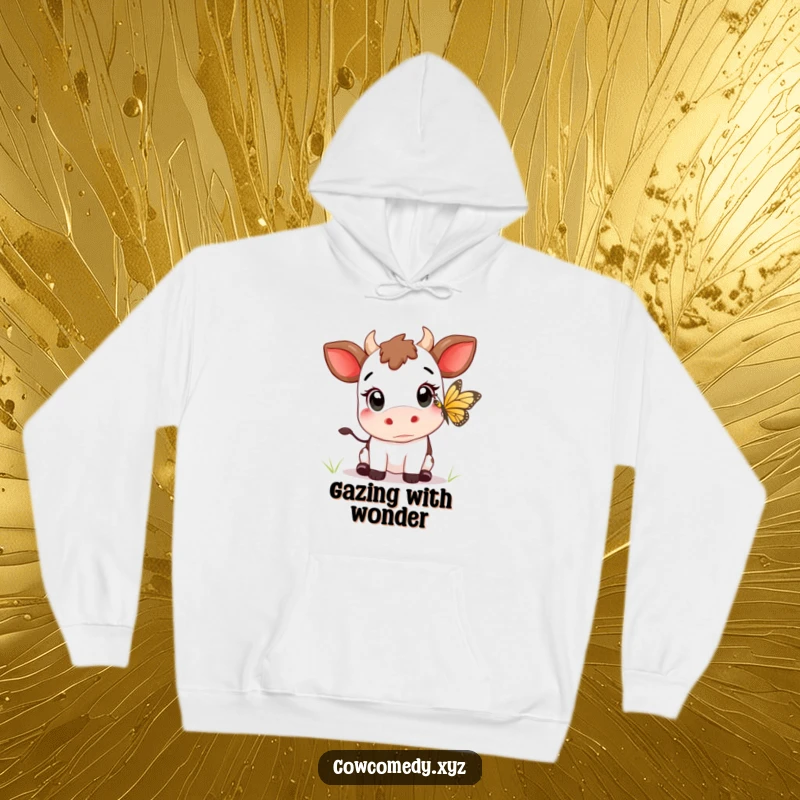Funny Kawaii cow with wide eyes, trying to catch a butterfly, on a cozy, warm hoodie.