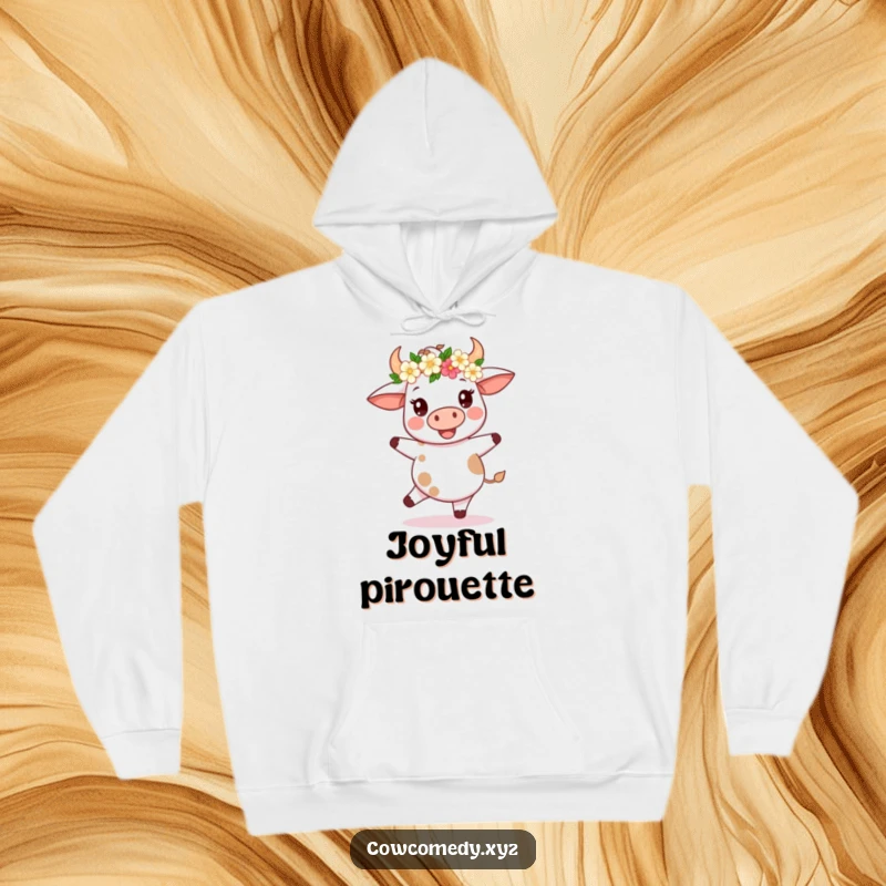 Funny Kawaii Cow Hoodie: Comfortable sweatshirt featuring a cow in a flower crown doing a happy spin, cozy and festive.