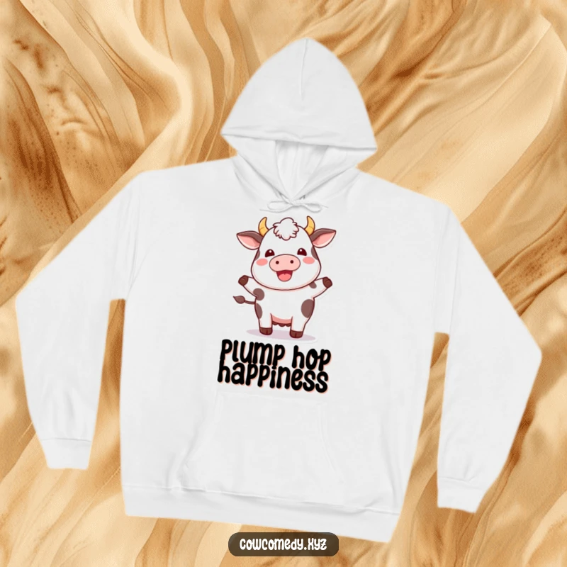 Funny Kawaii Cow Hoodie: Comfortable sweatshirt featuring a plump cow doing a happy hop, cozy and humorous.