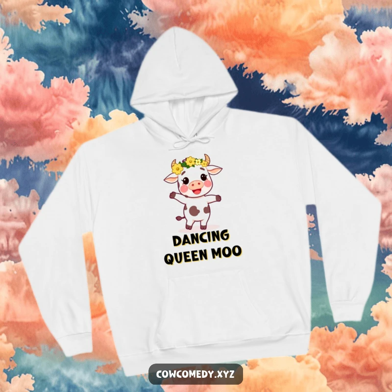 Funny hoodie depicting a cow adorned with a flower crown, dancing with infectious joy and free-spirited grace.