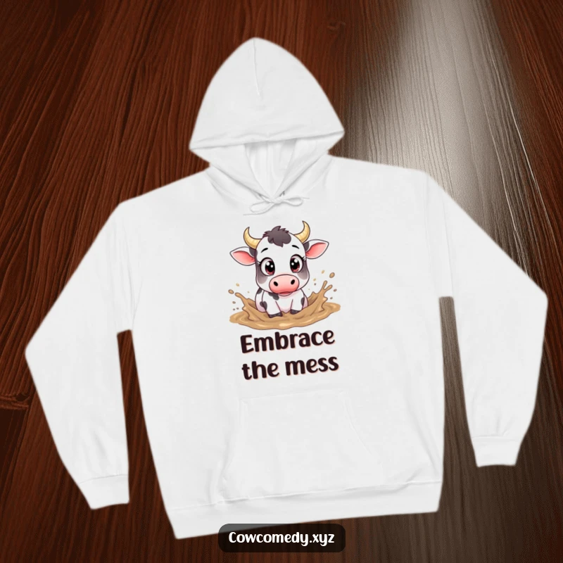 Funny hoodie design of a cow with notably large eyes, joyfully playing and splashing in mud.