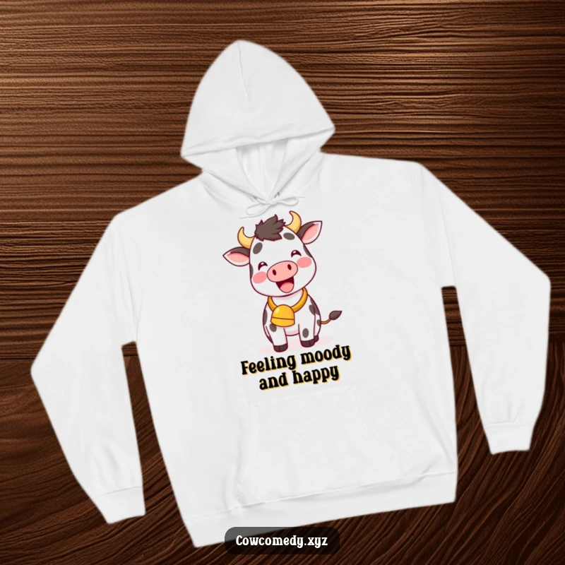 Funny Kawaii Cow Hoodie, a cute cow wearing a cowbell and ringing it with delight, cozy and humorous.