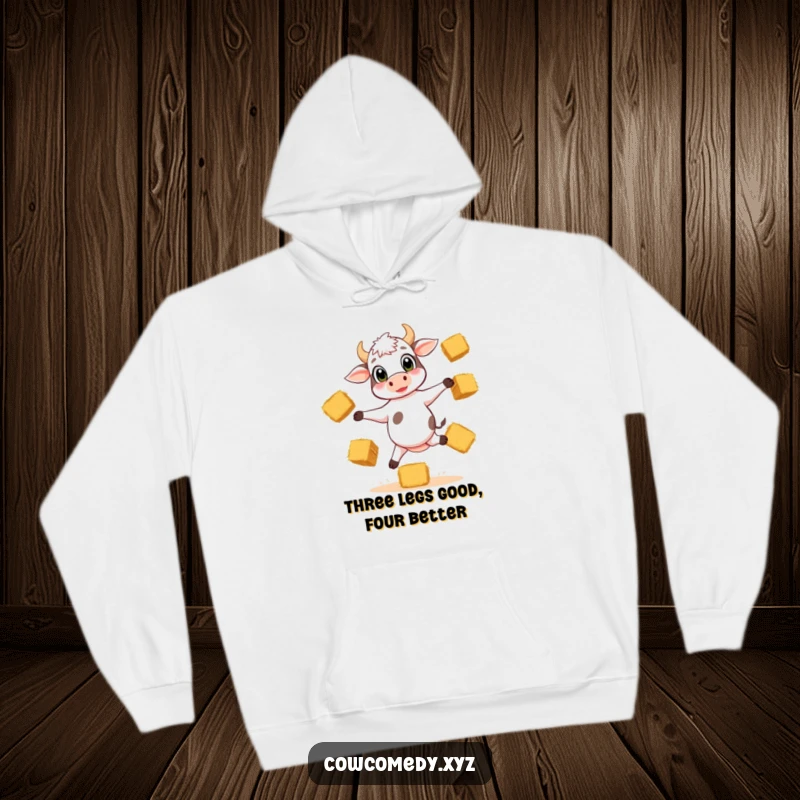 Funny hoodie with a playful calf balancing on three legs, juggling hay bales with big, expressive eyes.