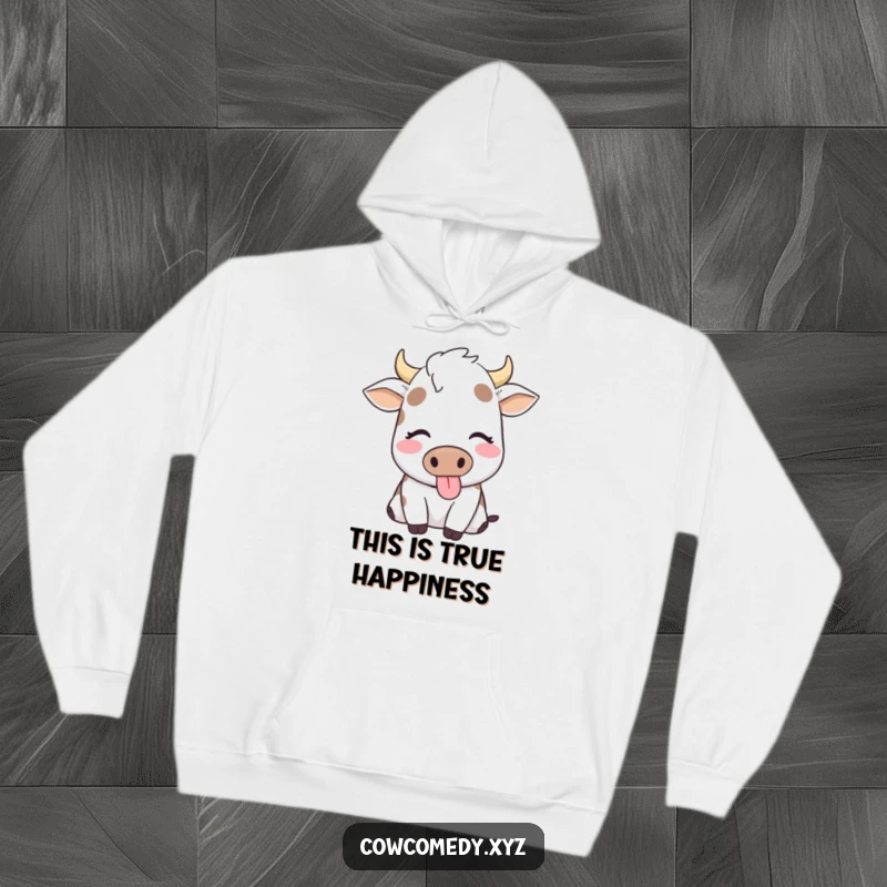 Funny hoodie featuring a contented cow with eyes closed, happily chewing, perfect for cozy relaxation.