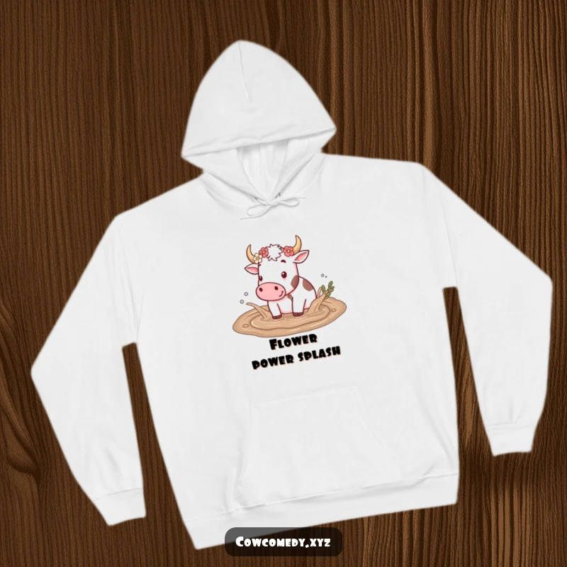 Funny hoodie featuring a happy cow splashing in a mud puddle, with flowers on its horns, perfect for cozy farm vibes.