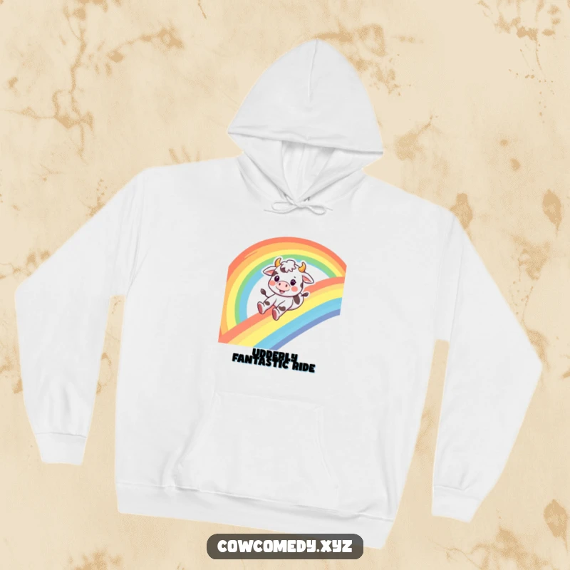 Funny cow hoodie, a happy cow character slides down a rainbow with a smile, providing cozy and humorous comfort.