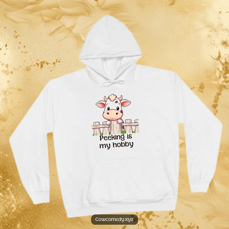 Funny hoodie featuring a cow with an expression of intense curiosity, peeking inquisitively over a fence post.