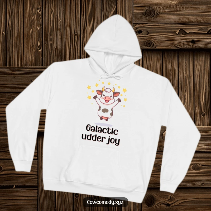 Funny hoodie featuring a cow jumping with a shower of stars, offering cozy and celebratory style.