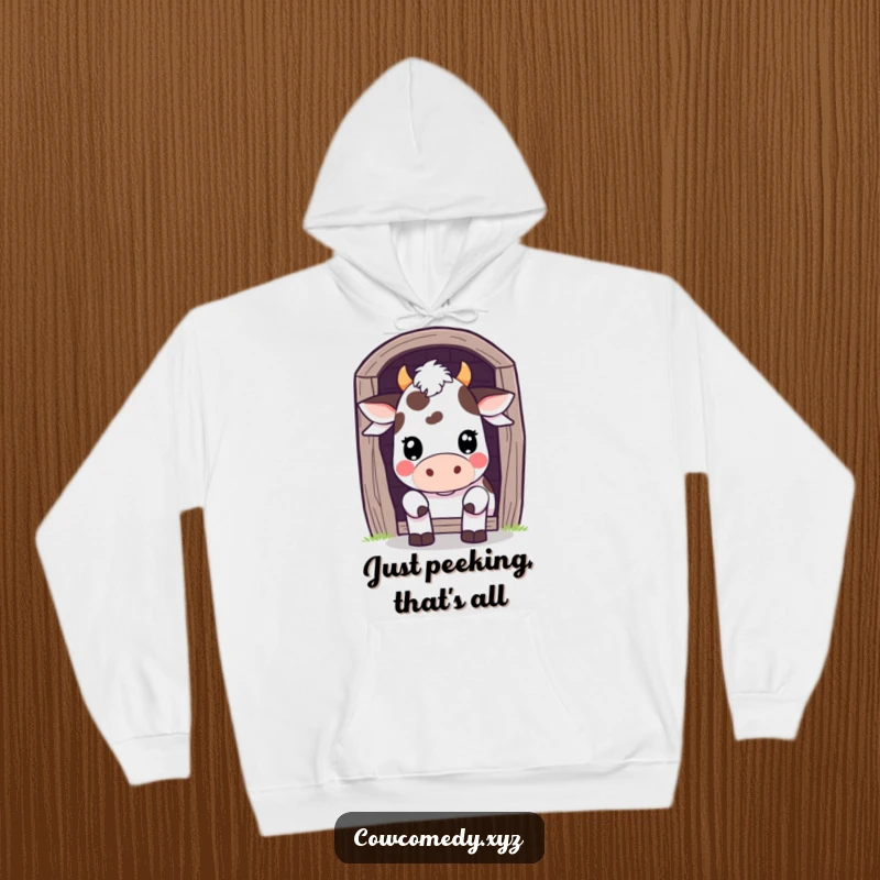 Funny Hoodie: A Kawaii cow peeks playfully from behind a barn door, perfect for cozy, whimsical wear.