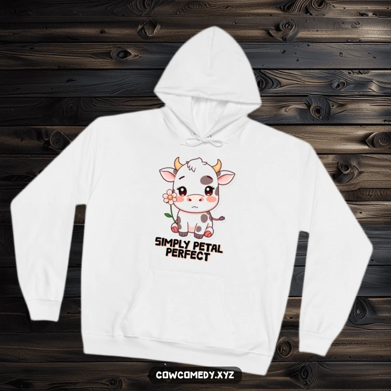 Funny Kawaii cow blushing with a flower in its ear in a hoodie, radiating warmth and shy humor.