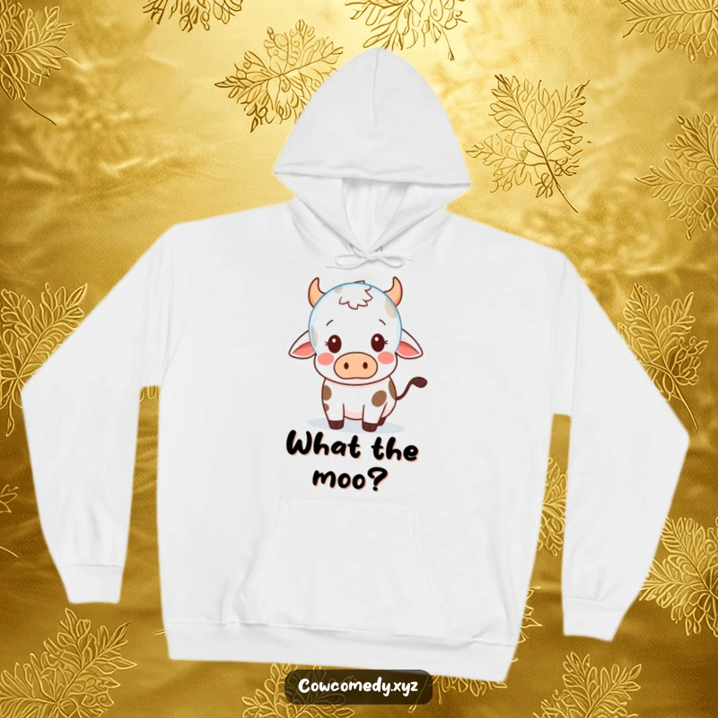 Funny Hoodie: A wide-eyed Kawaii cow reacts with cute surprise to a floating bubble, perfect for cozy, whimsical wear.