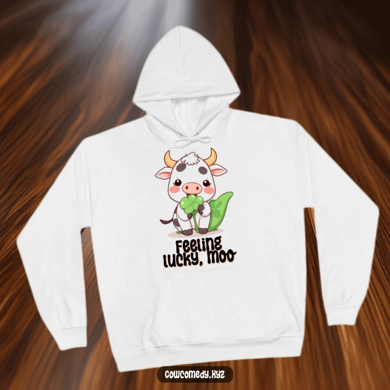 Funny Kawaii Cow Hoodie depicting a cute, happy cartoon cow munching on a large clover, cozy and lucky apparel.