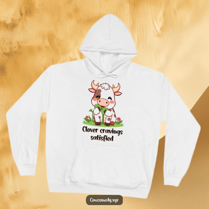 Funny Hoodie: A Kawaii cow happily munches on a giant clover, radiating joy and good luck.