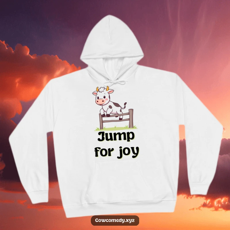 Funny Kawaii cow hoodie illustrating a cute character joyfully clearing a small fence, combining warmth with playful humor.