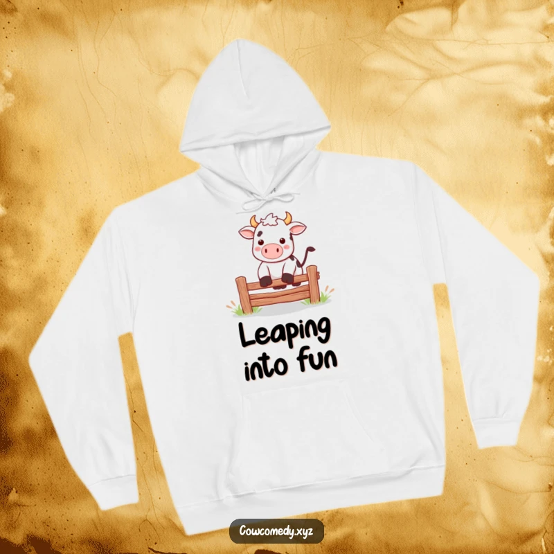 Funny Kawaii cow performing a silly jump in a hoodie, radiating warmth and playful humor.