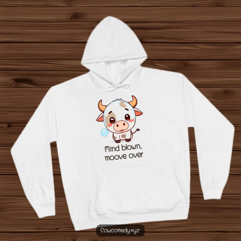 Funny Kawaii Cow Hoodie depicting a cute, surprised cartoon cow looking at a floating bubble, offering cozy humor for fans.