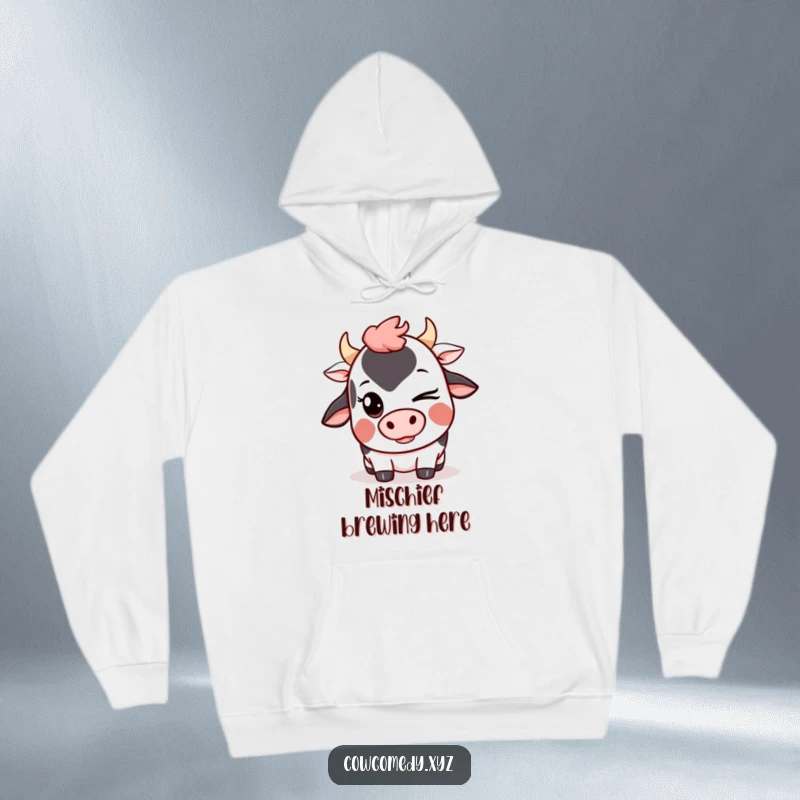 Funny Kawaii Cow Hoodie depicting a cute cartoon cow winking with a mischievous grin, cozy and full of personality.