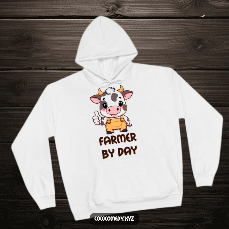 Funny hoodie featuring a cow in overalls giving a thumbs up, symbolizing hard work, effort, and farm life.