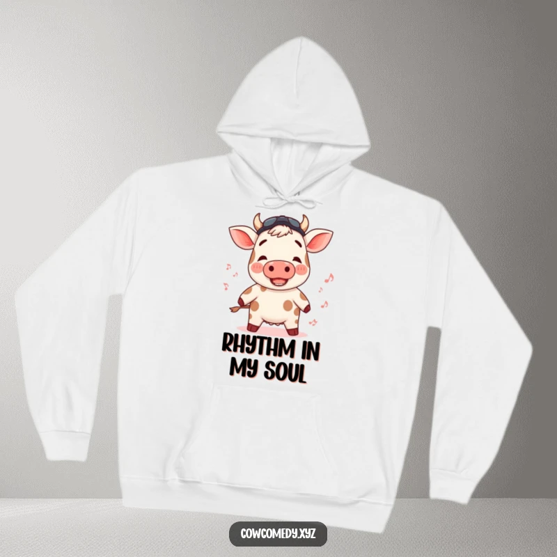 Funny hoodie featuring a rosy-cheeked cow bopping to an unheard beat, cozy and musical.