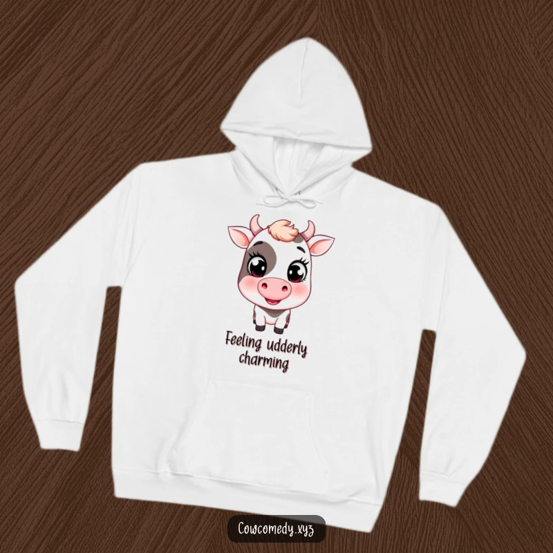 Funny hoodie with a cute cow illustration, featuring big eyes and a charming wink, perfect for cozy farm style.