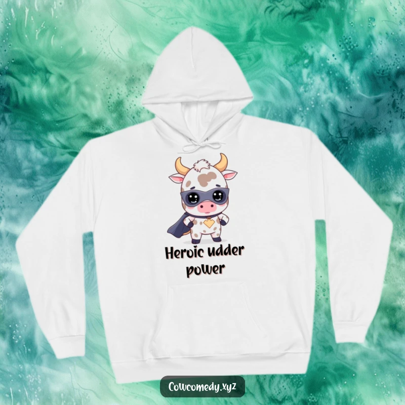 Funny kawaii cow superhero hoodie featuring a cute bovine in a superhero outfit, offering warmth and a humorous heroic vibe.
