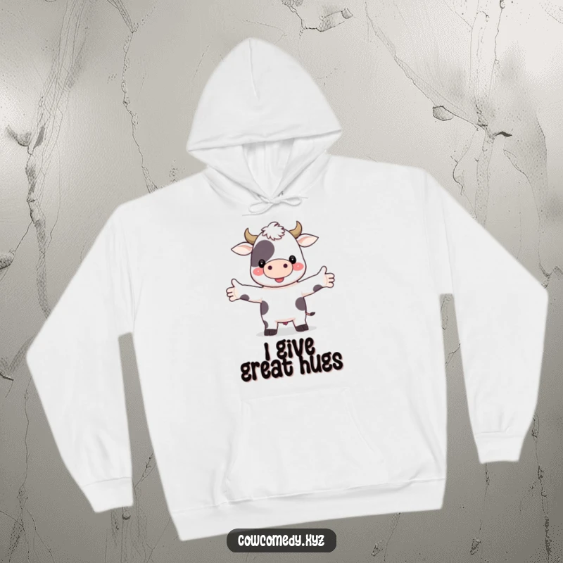 Funny hoodie showcasing a sweet cow character with open arms, inviting everyone for a comforting and loving hug, pure warmth.
