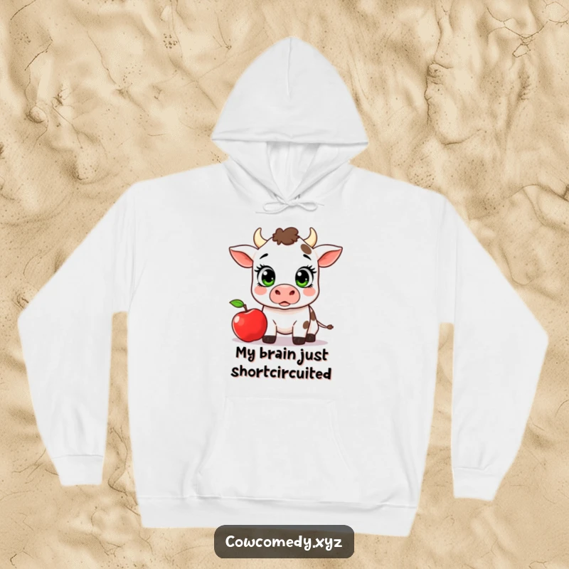 Funny Kawaii Cow Hoodie, a surprised cow looking up at a falling apple, cozy and humorous design.