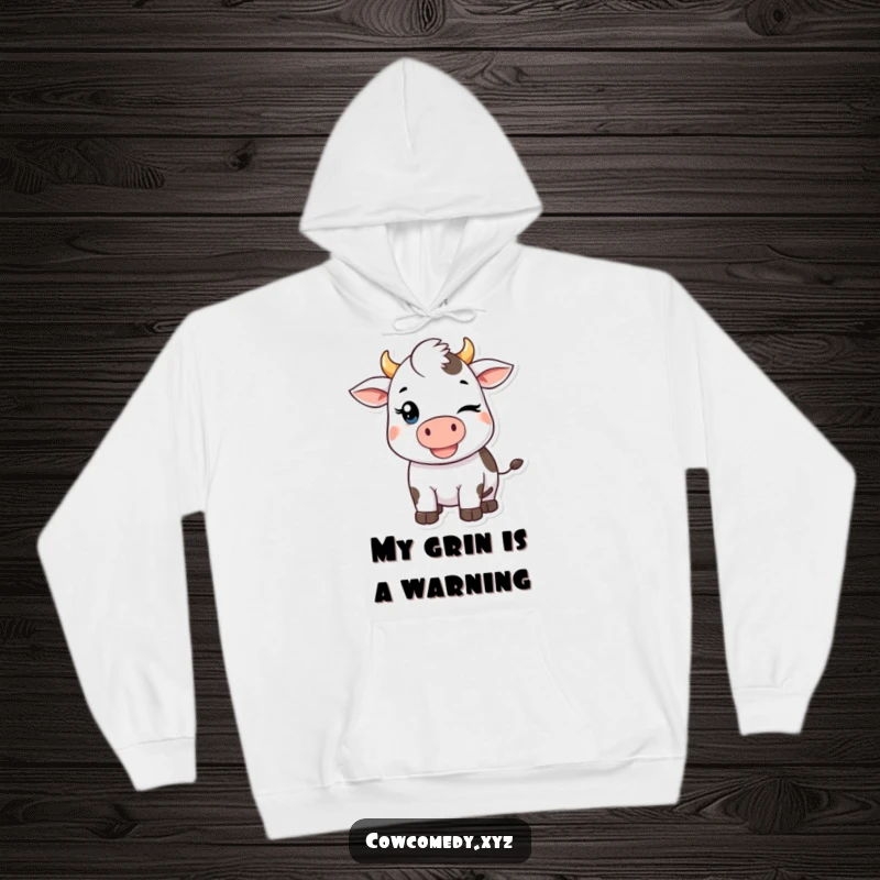 Funny Kawaii Cow Hoodie: Adorable winking cow design on a warm hoodie, embodying playful mischief and cozy comfort for an excellent gift.