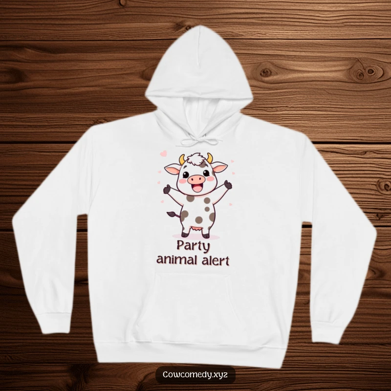 Funny hoodie showcasing a Kawaii cow dancing ecstatically, with its spots flying off its body in a fun, energetic display.