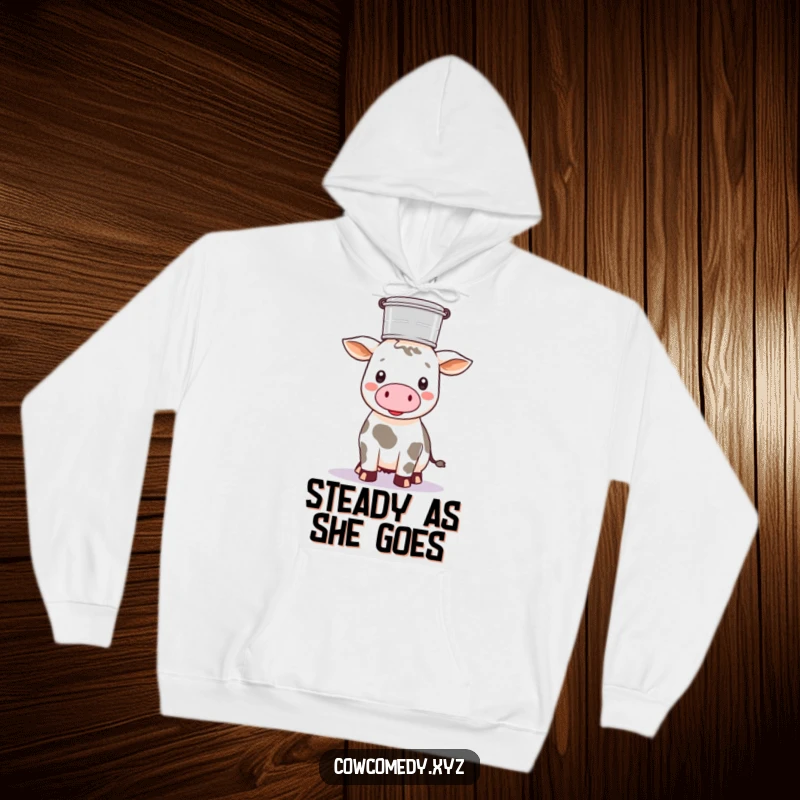 Funny Kawaii cow balancing a milk pail on its head, on a soft, warm hoodie, cozy vibes.