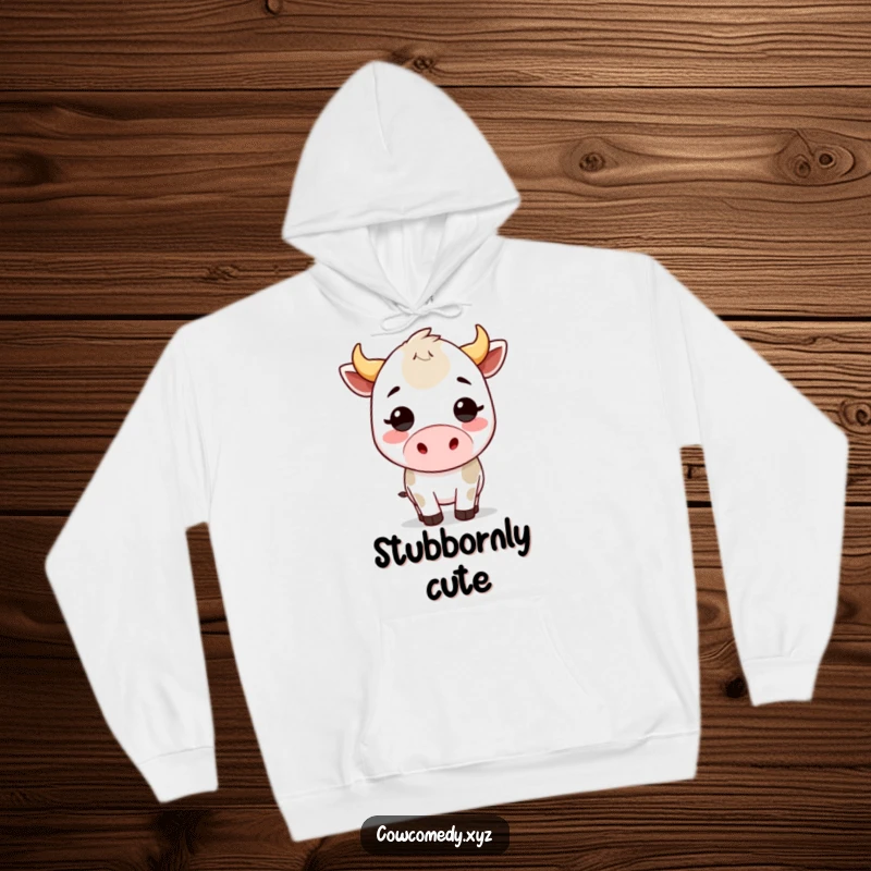 Funny kawaii cow hoodie featuring a sweet bovine character performing a hilarious headbutt, perfect for staying warm and cheerful.