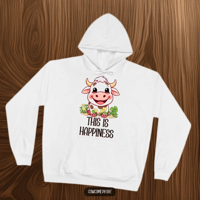 Funny hoodie with a design of a large-grinning cow joyfully eating a big pile of clover, radiating happiness.