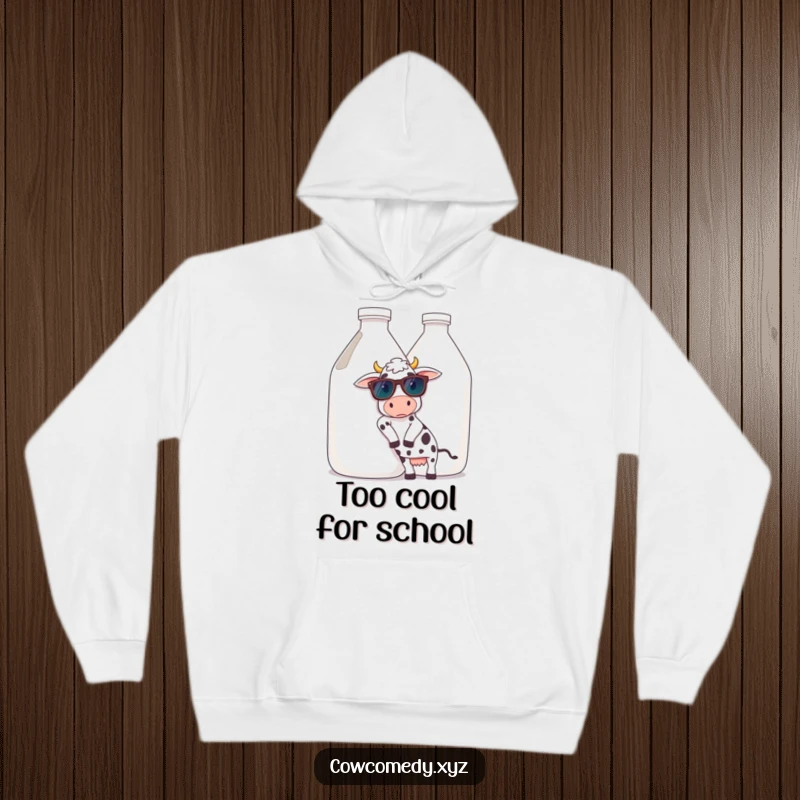 Funny hoodie depicting a cow sporting stylish sunglasses, leaning casually against a massive milk jug, exuding relaxed, cool, and confident vibes.