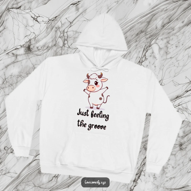 Funny cow dance hoodie showing a charming kawaii cow character doing a hilarious silly dance, ideal for cozy and comical wear.