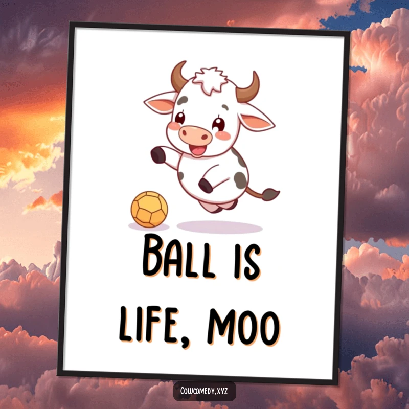 Funny Free Printable Wall Art: Cartoon cow gleefully kicking a ball, perfect for playful decor.