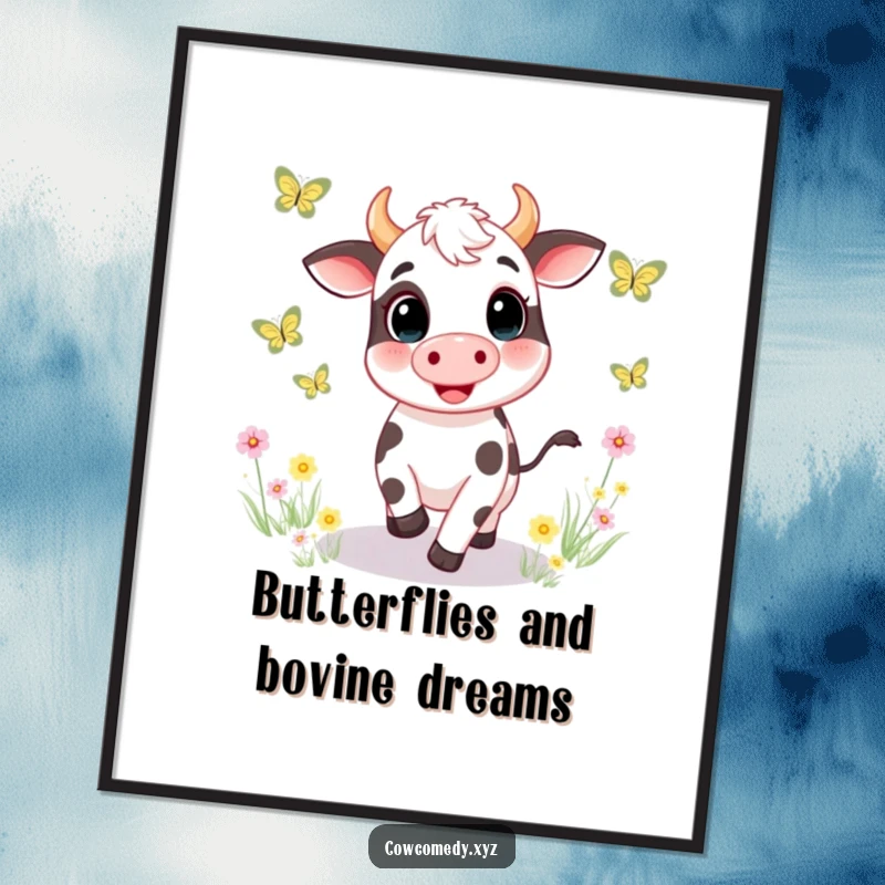 Funny Free Printable Cow Wall Art: A Playful Cow Gleefully Chasing Colorful Butterflies in a Lush Meadow
