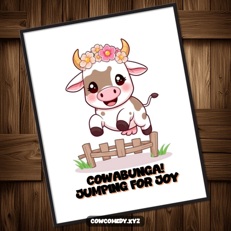 Funny Free Printable Wall Art: Happy kawaii cow wearing flower crown leaping over fence, artistic and joyful.