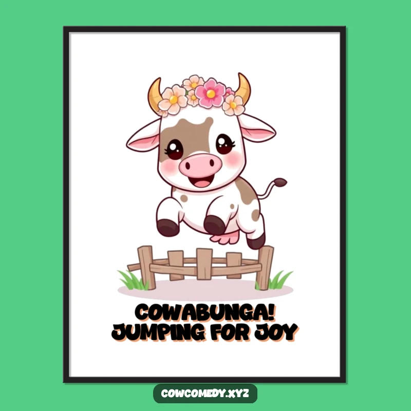 Funny Free Printable Wall Art: Happy Cow Flower Leap Downloadable Art