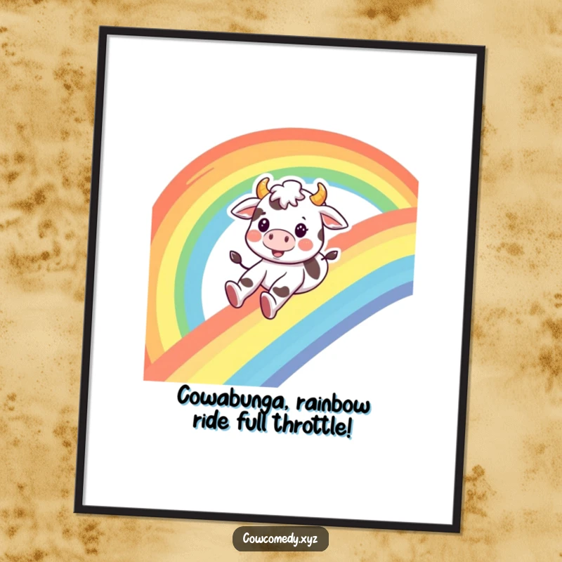 Funny Free Printable Wall Art: A happy cow character slides down a bright rainbow with a huge, beaming smile.