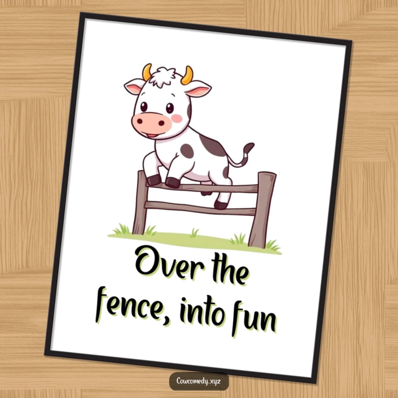 Cute Free Printable Wall Art of a Kawaii cow character joyfully jumping over a tiny fence, bringing a smile to any observer.