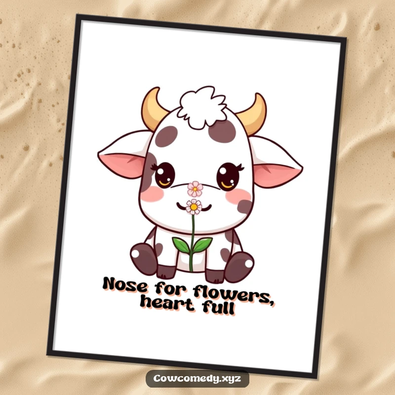 Cute Free Printable Wall Art of a Kawaii cow character with incredible focus, balancing a small flower delicately on its nose.