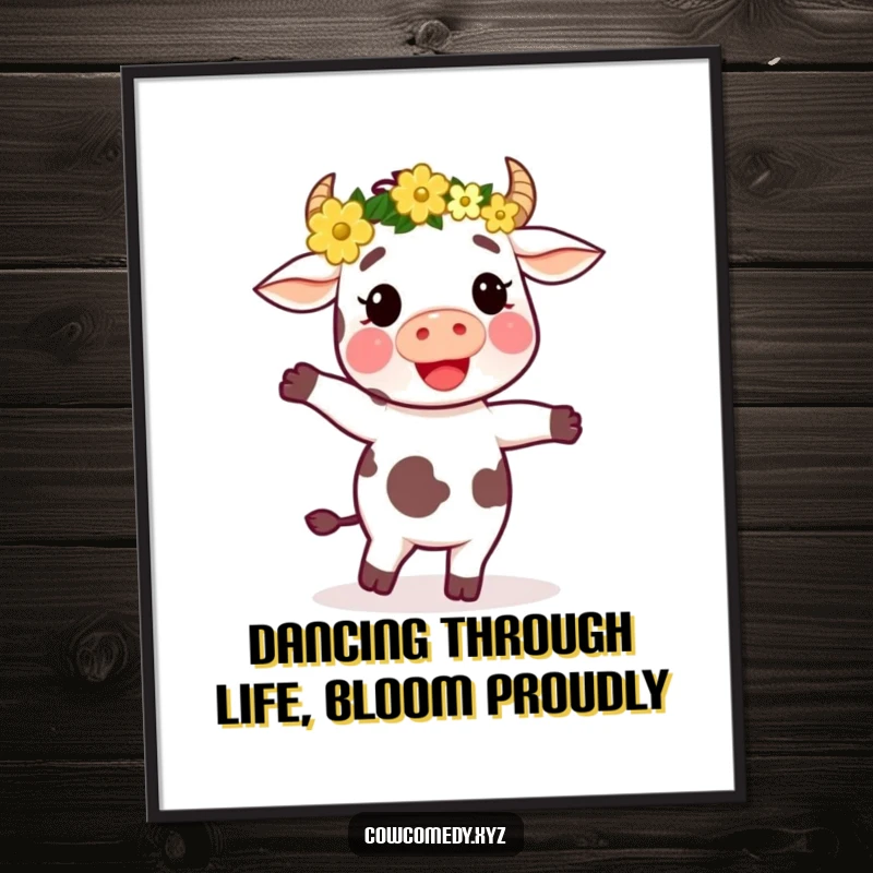 Funny free printable wall art featuring a cow wearing a flower crown, dancing with uninhibited, infectious joy.