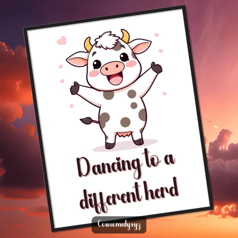 Funny Free Printable Wall Art: A happy Kawaii cow doing a vibrant dance with its spots playfully flying.