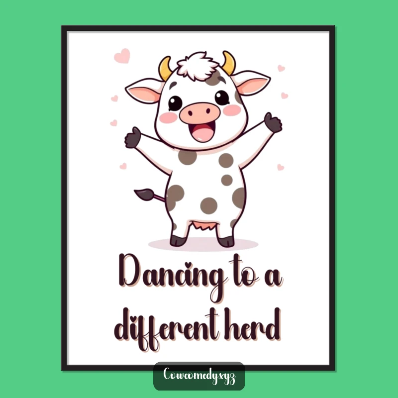 Funny Free Printable Wall Art: Kawaii Cow's Joyful Dance! Downloadable Decor for Happy Vibes.