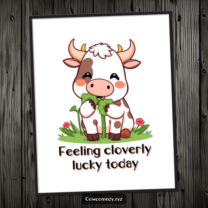 Funny Free Printable Wall Art: A Kawaii stylized cow character happily munching on a giant clover.
