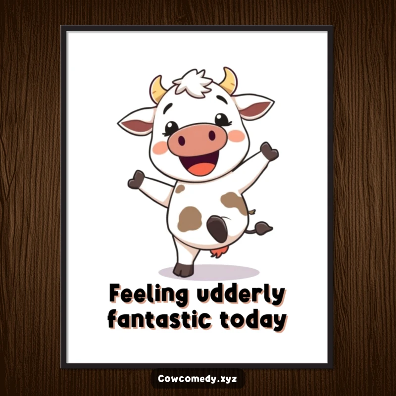 Free Printable Wall Art featuring a funny kawaii cow with a wide grin, enthusiastically kicking its heels up in a playful pose.