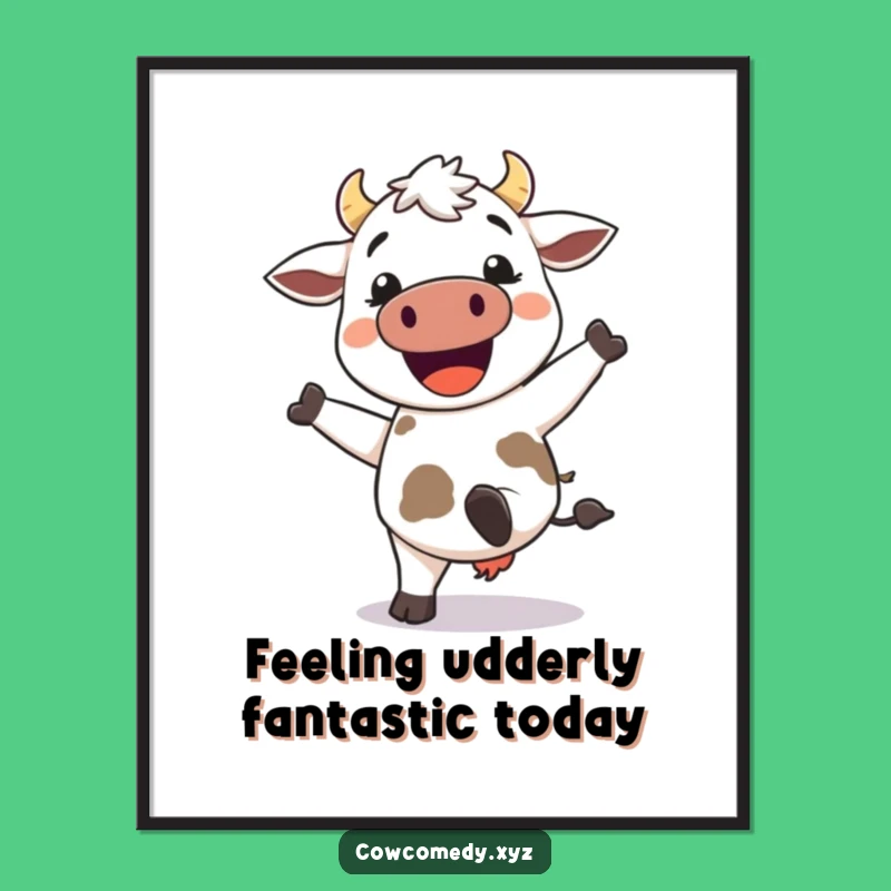 Free Printable Wall Art: Funny Kawaii Cow Kicking Up Heels, Quirky Downloadable Decor
