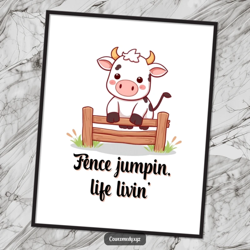 Funny Free Printable Wall Art: A cute Kawaii cow mid-jump over a small fence, radiating playful energy and humor.