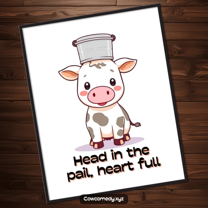 Funny free printable wall art: a Kawaii cow skillfully balancing a full milk pail on its head.