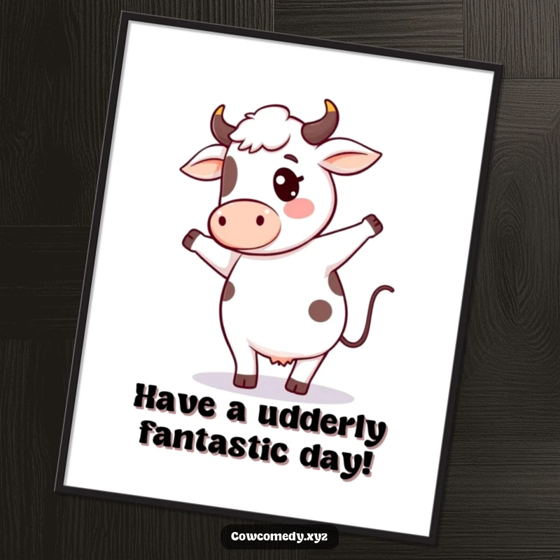 Funny Free Printable Wall Art: Kawaii cow character doing a quirky, energetic dance with its tail in the air.